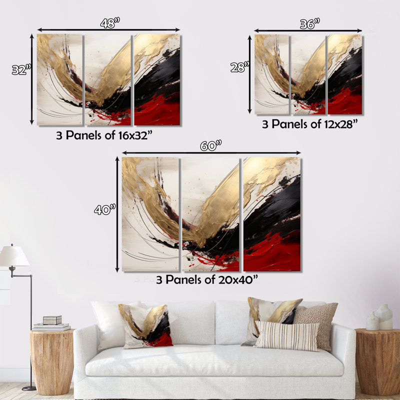 Toile abstraite, décoration écarlate, vague dorée écarlate et or abstrait IV, H 40 po x l 60 po x P 1 po