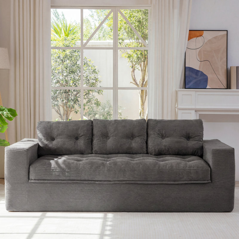 Canapé en velours côtelé 79 po 79 po avec deux coussins inclus, P 35,4 po x l 79 po x H 15,7 po, Gris foncé
