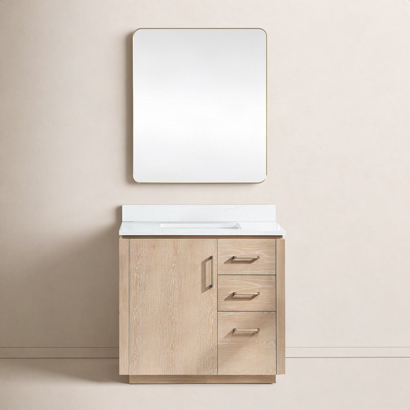 Ensemble de meuble-lavabo simple 36 po avec plateau en pierre et miroir Cloverfield, Gris cendré délavé, Or