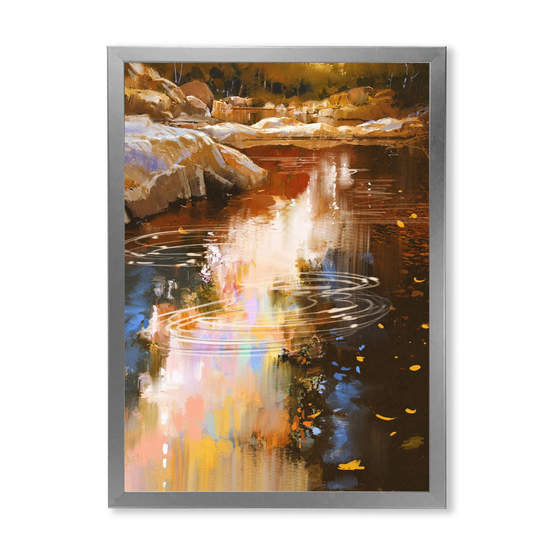 River River Lines with Stones in Autumn Forest - Peinture sur toile, H 40 po x l 30 po, Cadre photo argenté