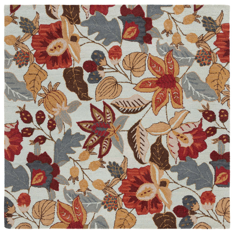 Tapis floral en laine crocheté à la main Emrick, Carré 8 pi