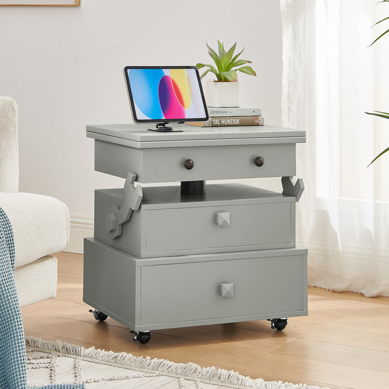 Table de bout roulante à hauteur ajustable laquée ultrabrillante avec station de charge et roues universelles avec freins, table à plateau relevable multifonctionnelle avec tiroirs de rangement pour la chambre à coucher du salon