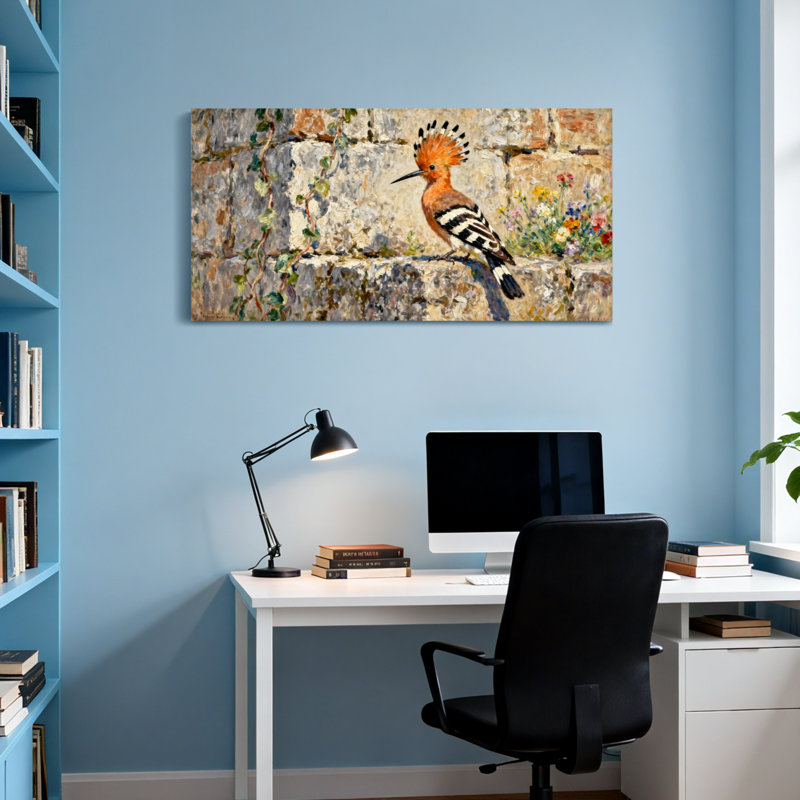 Animaux, oiseau coloré sur un mur de pierre avec des fleurs, H 24 po x l 48 po