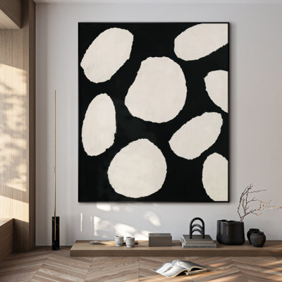 Extra Large Wall Art Fabric Print - Minimalist White Organic Ovals on Black Artwork Decor for Living Room or Bedroom - "Frame Assembly Required (Unfinished Frame)"