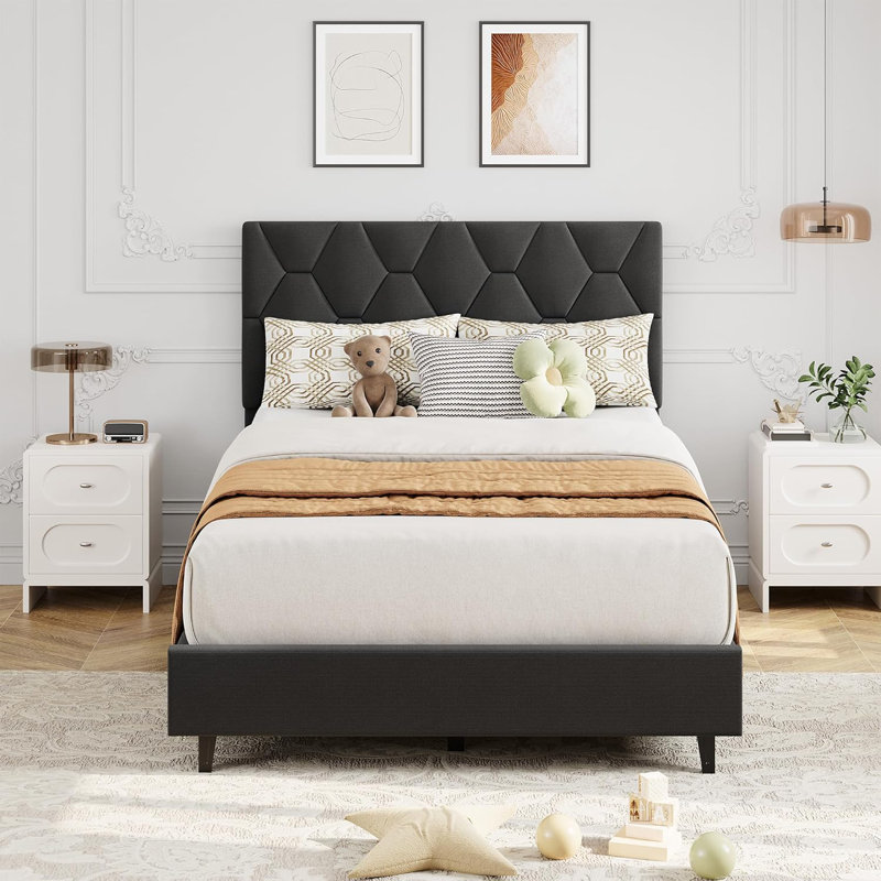 Lit plateforme simple TG avec tête de lit tapissier réglable, lattes de bois, peu encombrant, Gris, Très grand simple