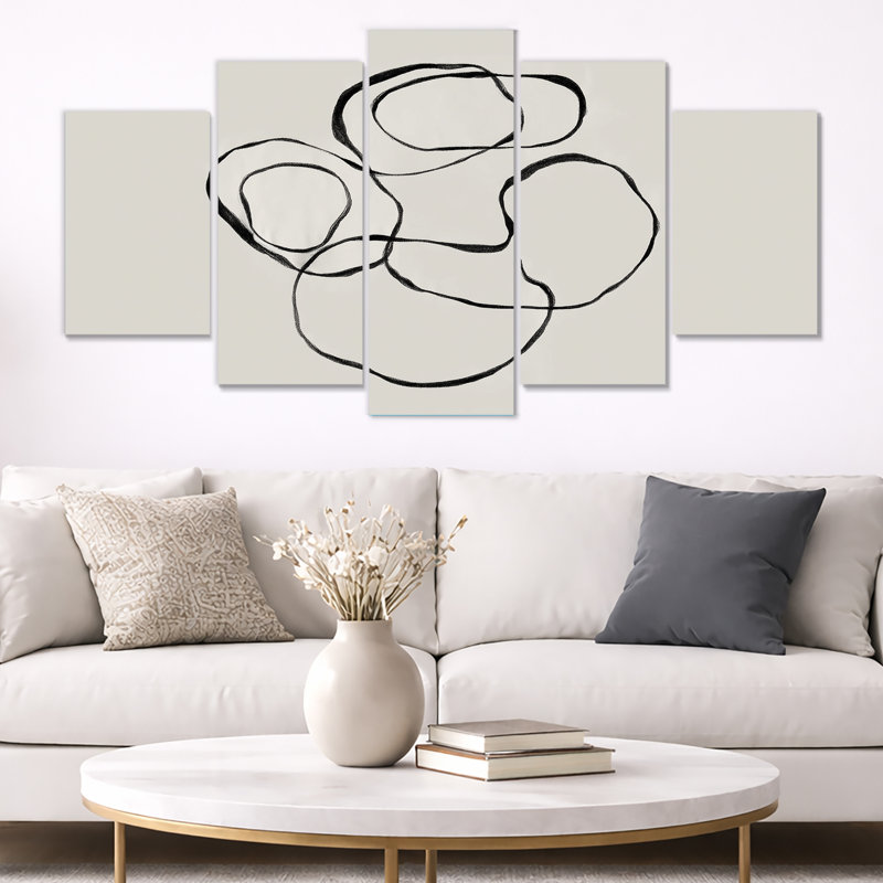 «Abstract Simple Brush Outline Curves - Abstract Shapes», art mural sur toile, ensemble de 5 impressions sur toile noires