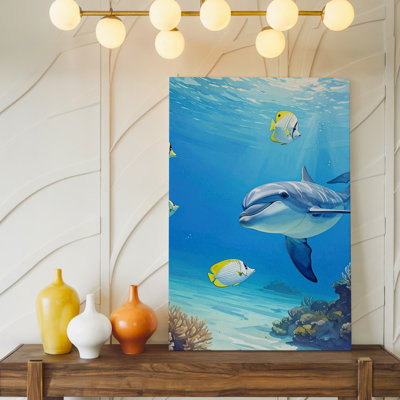 Wall Art Minimalist Dolphin Canvascheerful Underwater Art With Tropical Fish Canvas Ready To Hang Gallery Wrapped Home Decor Modern Design