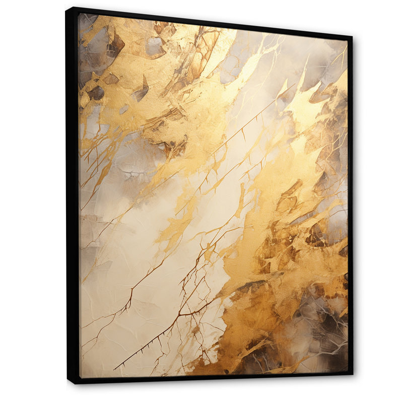 «Beige and Gold Marble Lightning V», reproduction sur toile, Cadre flottant noir, H 40 po x l 30 po x P 1,5 po