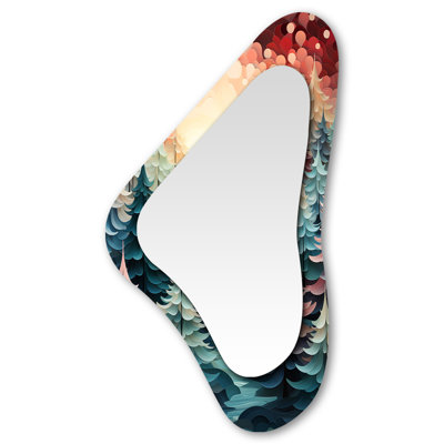 Sunset Pine tree in christmas - Pine Irregular Shape Wall Mirror, Pink Asymmetrical Decorative Mirror, Printed Metal Art