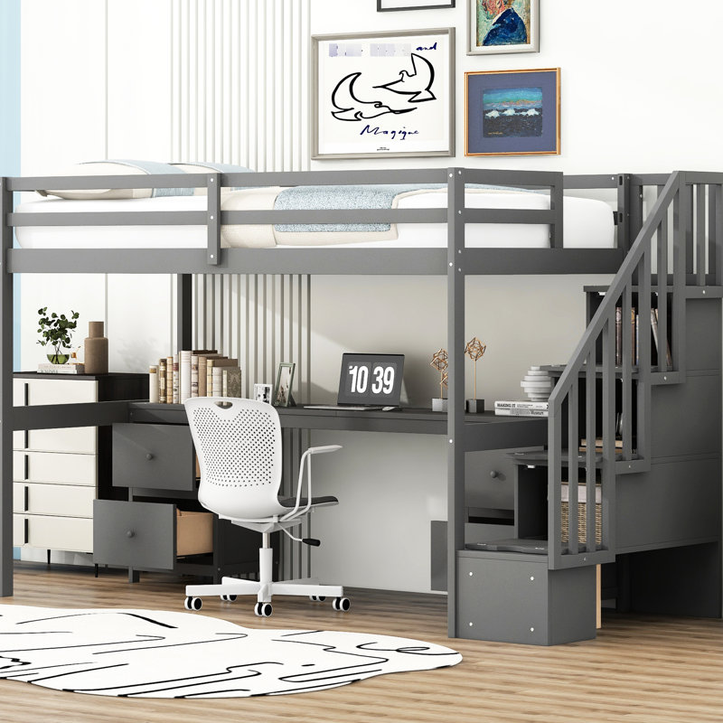 Lit mezzanine simple gris avec bureau et double plateau de rangement simple pour plus de polyvalence