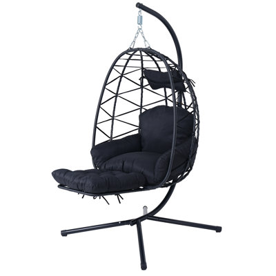 Fauteuil à œufs suspendu avec support, balançoire suspendue d'une capacité de poids de 350 lb avec coussin et oreiller, fauteuil à œufs pliable en rotin d'osier pour balcon de patio intérieur et extérieur (noir et noir)