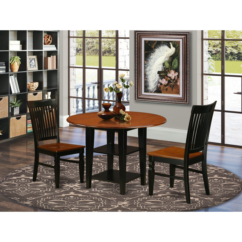 3 Piece Dining Room Furniture Set Contains a Round Kitchen Table with Dropleaf & Shelves and 2 Dining Chairs, Black & Cherry
