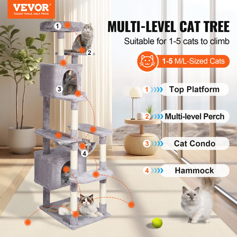 Light Grey 72" Cat Tower with Sisal Scratching Posts and Condos