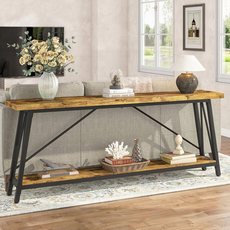 70.9” Rustic Brown Industrial Sofa Table with 2-Tier Shelves, Perfect for Hallways and Entryways, Brown
