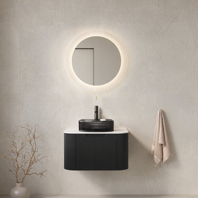 Meuble-lavabo de salle de bain, meuble de rangement flottant à contreplaqué à bords arrondis avec tiroir, vasque ronde en verre transparent et plateau en pierre frittée de Carrare, pré-assemblé