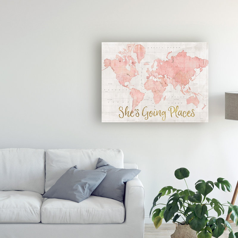  Art mural sur toile tendue - "Across The World Shes Going Places Pink" de Sue Schlabach pour décoration de salon, de chambre à coucher ou de bureau - 14 x 19