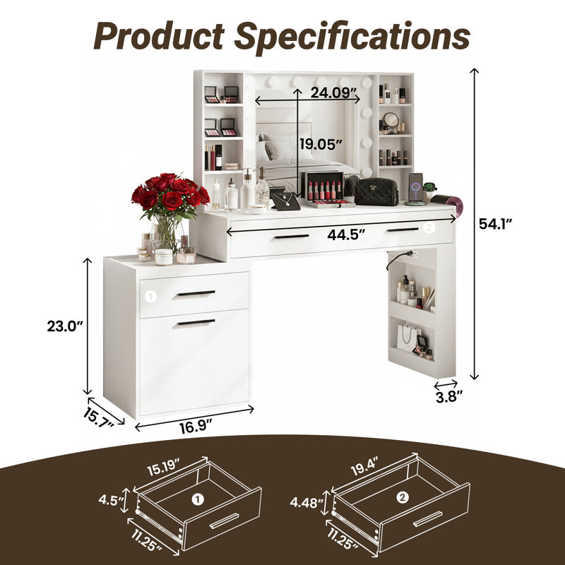 Modern Large Vanity Desk with Mirror and Lights, Makeup Vanity with 3 Color Light Modes, Vanity Table with 3 Drawers, 6 Shelves, 2 Side Shelves & Large Telescoping Side Cabinet, Built-in Power Outlet