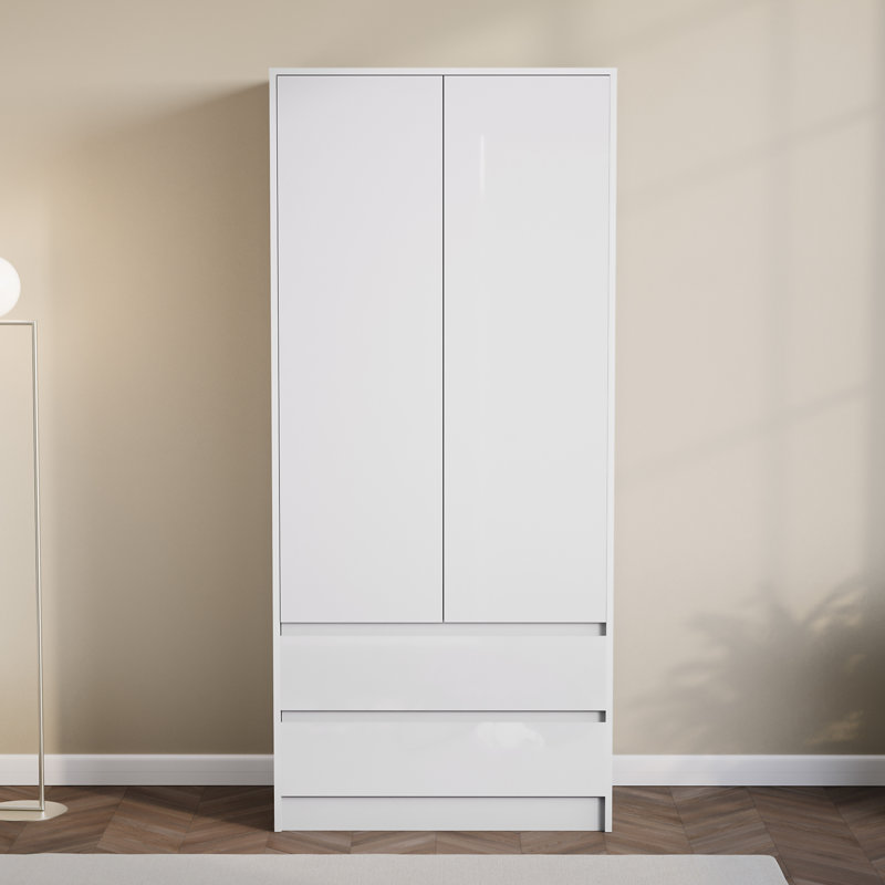 Oslo 2 Door 2 Drawer High Gloss Wardrobe, (FSC 100%) Bedroom Home Clothing Storage Furniture, White