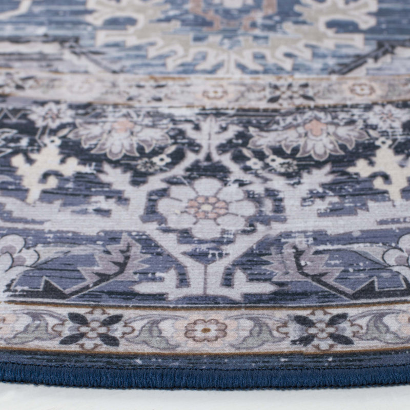 Tucson Vintage Look Machine Washable Non-Slip Area Rug in Blue & Navy, Round 183 cm