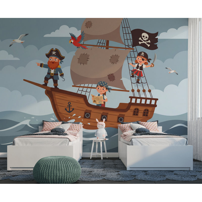 Papier peint pirate, océan, vagues, dessin animé, illustration, 100 po x 96 po, Peler et coller