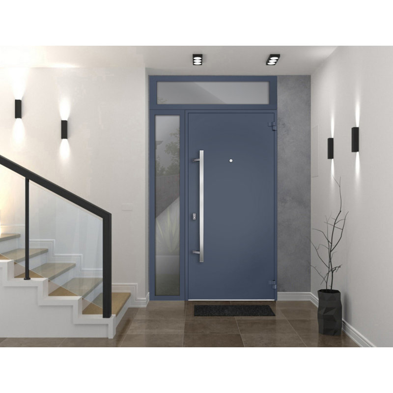 Façade avant en acier pré-suspendue / deux gris graphite 0729 / fenêtre extérieure latérale et supérieure / inserts en acier inoxydable peints simples modernes - l 36 po x H 80 po + 16 po - Gauche