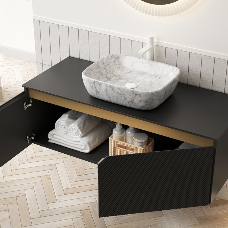48.17-Inch Bathroom Vanity & Sink Choice, Plywood Storage Unit, Marble Pattern Ceramic Vessel, Black Sintered Stone Surface Treatment, Twill Double Doors With Metal Accoutrements 48" Constitution,