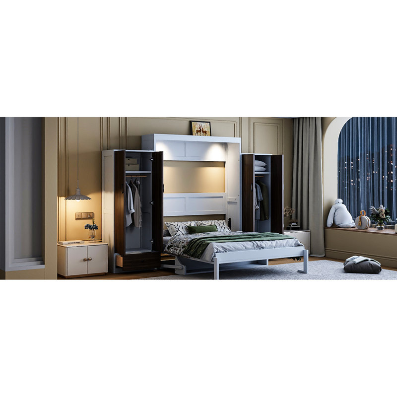 Lit double pleine grandeur avec placard, tiroirs et espace de travail - Mobilier peu encombrant pour espaces polyvalents dans un grand espace de rangement mural, appartements convenant à une table, espaces