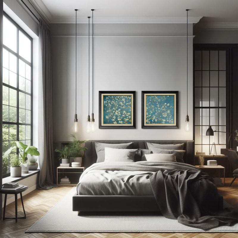 «Blooming Almond Tree Branch», ensemble de 2 toiles encadrées - Peinture florale inspirée de Van Gogh pour les intérieurs artistiques