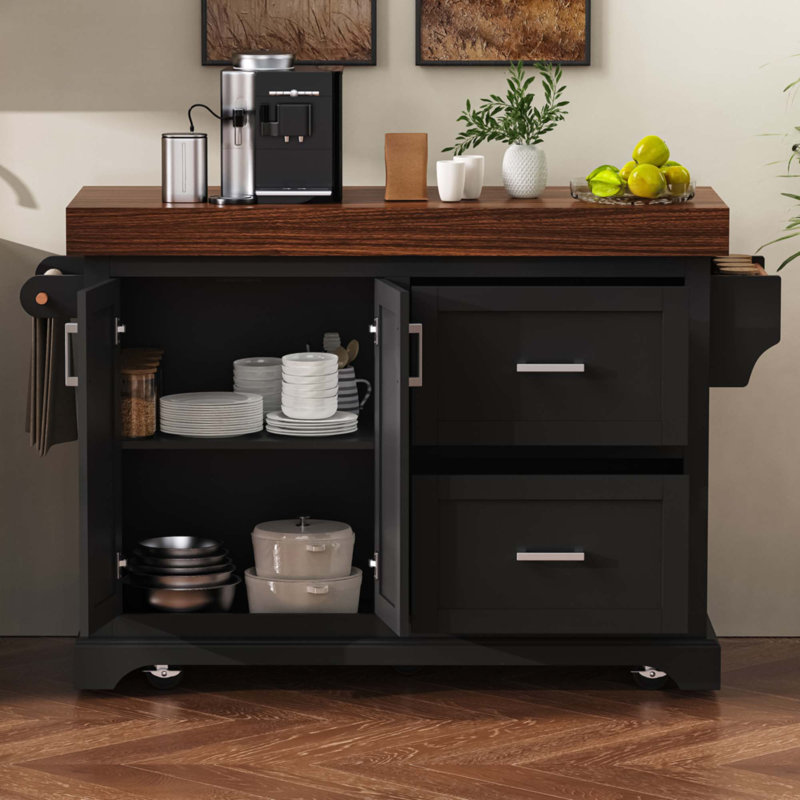 53" Large Kitchen Island With 3.5" Thick Desktop, Black