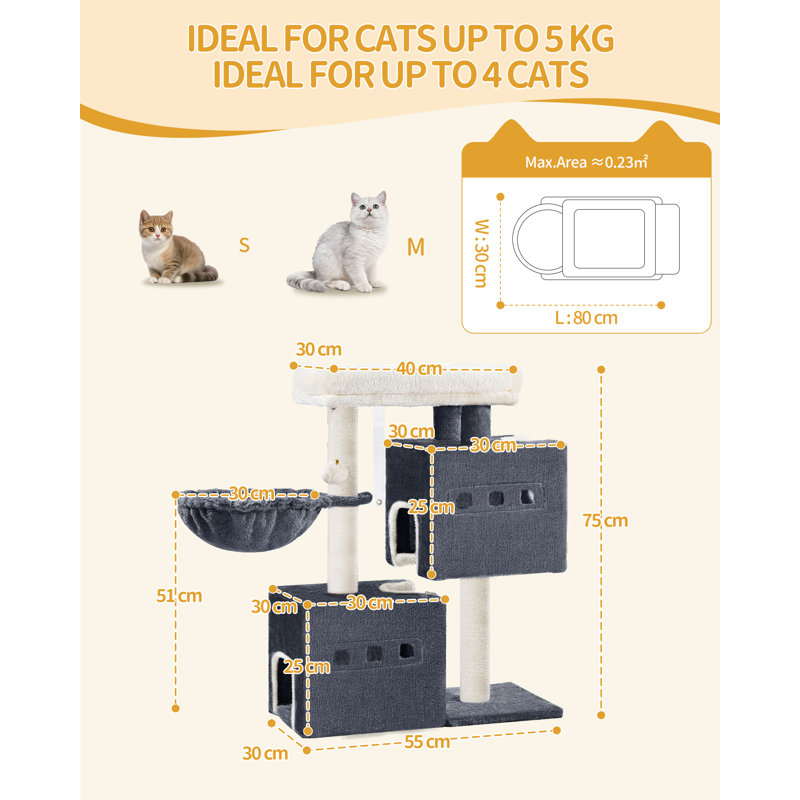 Cat Tree, 75 cm Tower, Sisal Scratching Post, Cats Tower for Indoor, Multi-Level Stable Cat Tree with Cats House, 2 Caves, Pompoms