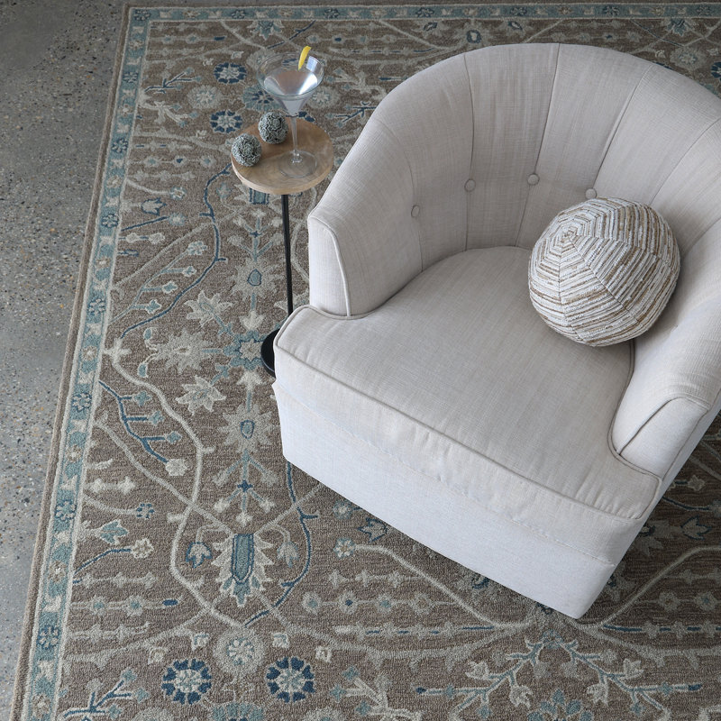 Wren Hand Tufted Wool Floral/Oriental Area Rug in Timber/Beige/Blue, Rectangle 8'6" x 12'6"