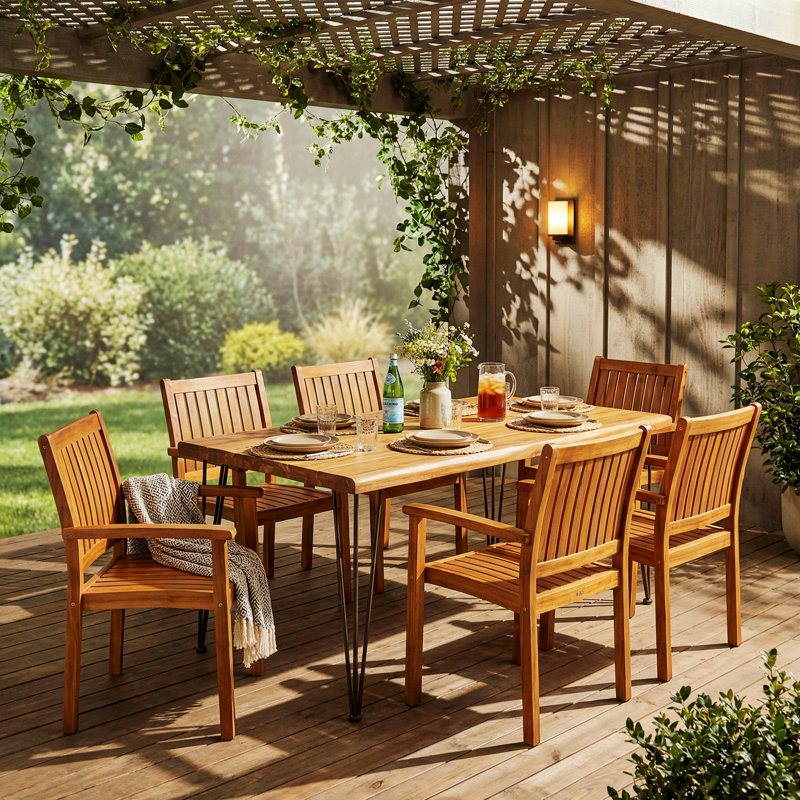 Ensemble de salle à manger d'extérieur en bois d'acacia 7 pièces pour pelouse, cour et bord de piscine