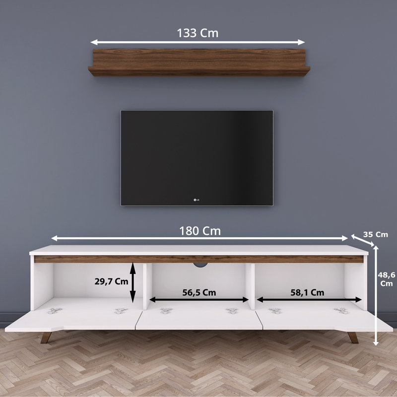 Modern TV Stand with Storage, White & Walnut, 70.9 x 19.1 x 13.8 Inches | 100% Melamine Coated Particle Board, Thickness: 0.7 Inches | Stylish Scandinavian Design, Numerous Shelves for Additional Storage