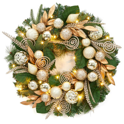 Couronne de Noël pré-éclairée pour porte d'entrée, grande couronne de Noël de 24 pouces avec 20 lumières DEL