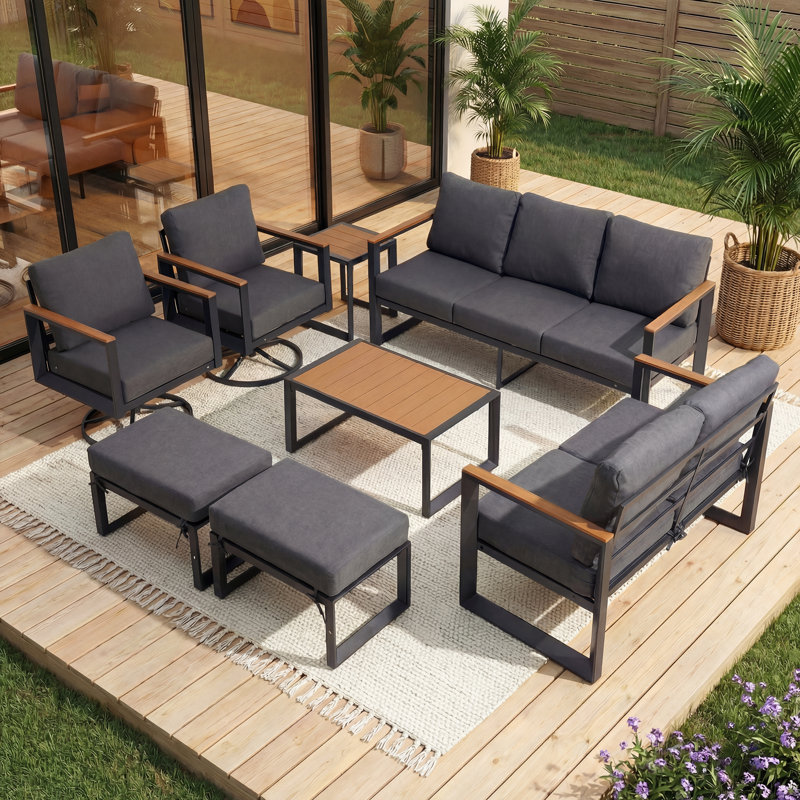 Aluminum Outdoor Patio Furniture Set 8 Pieces, 2 Swivel Rocking Chairs, 3-Seater, 2-Seater Bench, 2 Ottomans, Coffee Table & Side Table, Patio Sectional Conversation Furniture Set With Thick Cushions