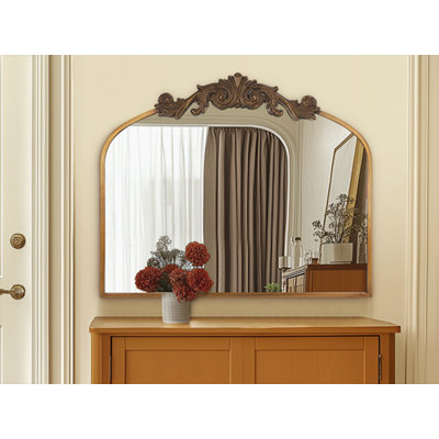 Vintage Gold Wall Mirror 36x30 Inch, Antique Baroque Ornate Brass Frame, Arched Design for Bathroom, Living Room, Fireplace, Entryway