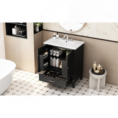 Meuble-lavabo 30 po avec lavabo style rétro, espace de rangement multifonctionnel, tablette de porte, porte à fermeture en douceur, noir