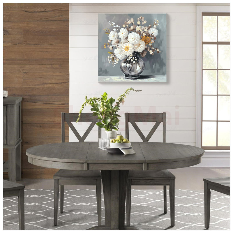 Vase en verre de chrysanthème, art mural sur toile, décor de salle de bain de style champêtre, impressions botaniques de campagne rétro pour la maison