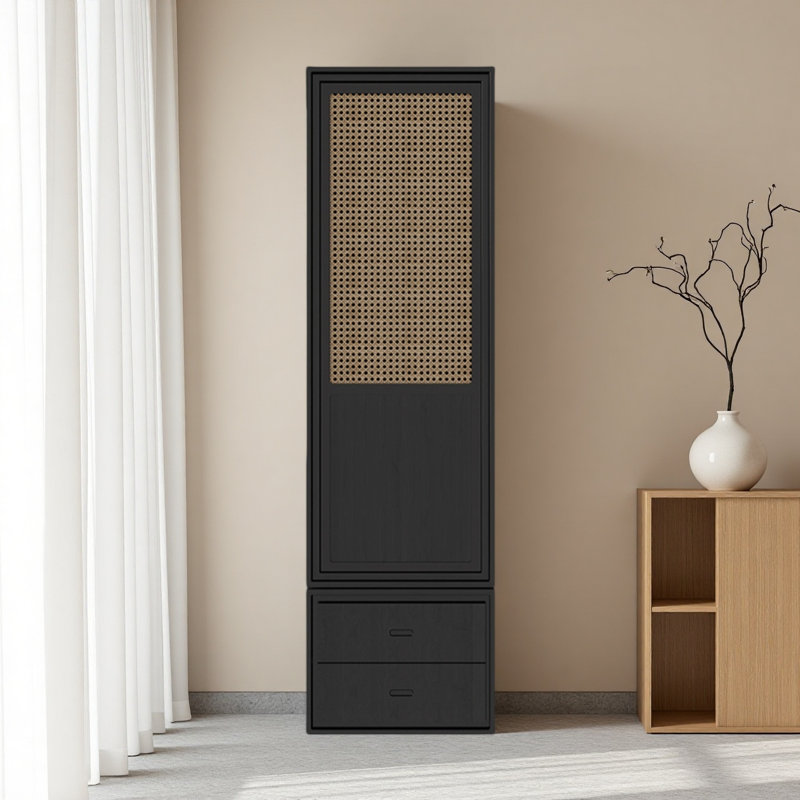 Armoire chic en rotin à deux tiroirs, Noir