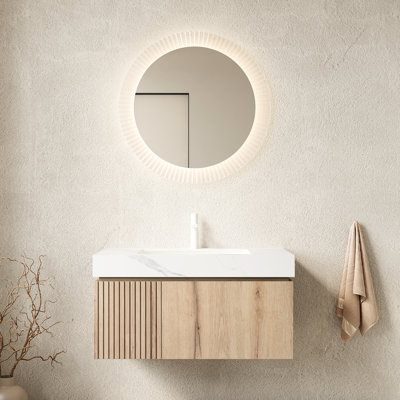 Meuble-lavabo flottant 36 po avec chêne blanc, comptoir en pierre frittée, lavabo en céramique, grand espace de rangement, lavabo et pierre pré-assemblés, armoire en contreplaqué, tiroir, système de fermeture en douceur, excellent