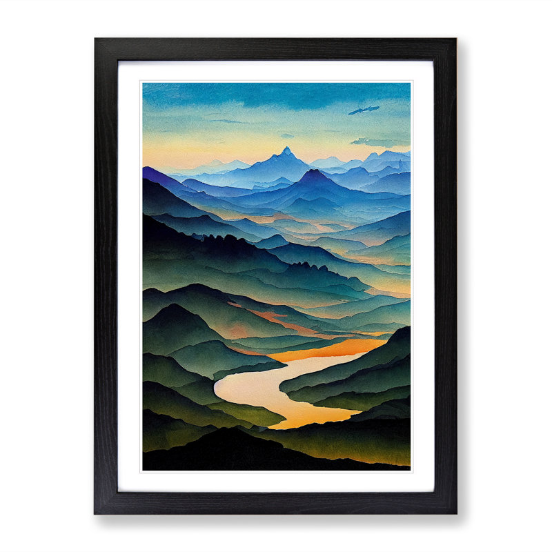 XV1022-3837X River Landscape Watercolour No.3 - Single Picture Frame Print, 64cm H x 46cm W x 2cm D, Black