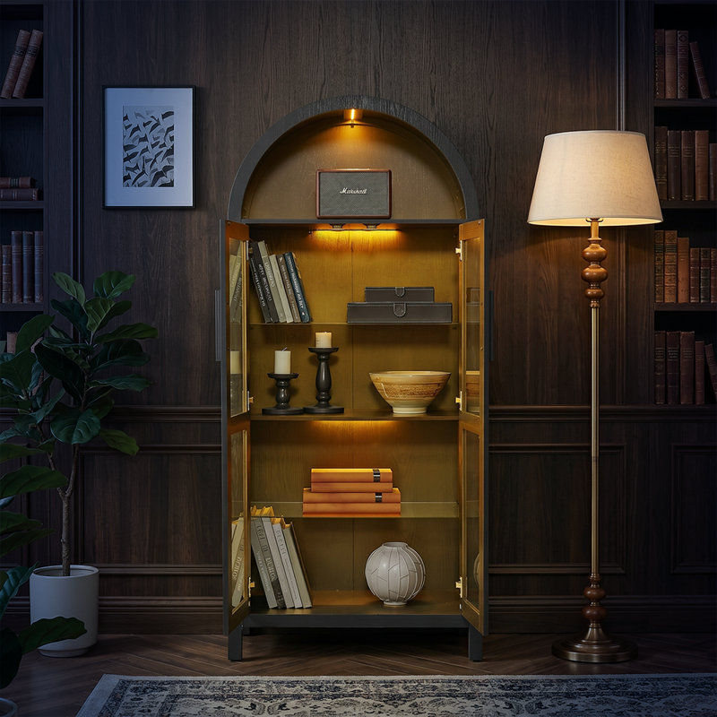 Black Arched Cabinet & Floor Lamp (set Of 2), Decorative Storage Bookcase With Adjustable Shelves