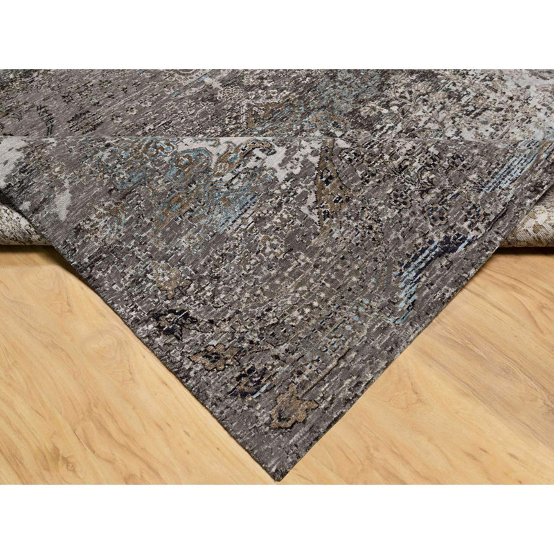 8'x9'10" Intense Grey Transitional Erased Silk with Wool Hand Knotted Rug 8ED4101A096A4C41A40EEBD9B2858636