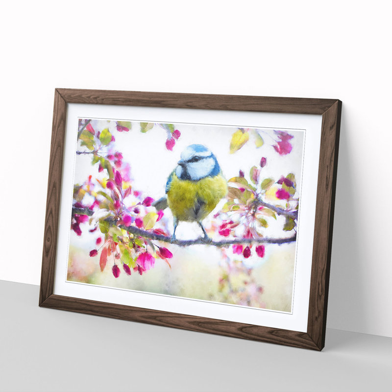 Blue Tit Bird In Spring Painting - Single Picture Frame Print on MDF, Walnut, 62cm H x 87cm W x 2cm D