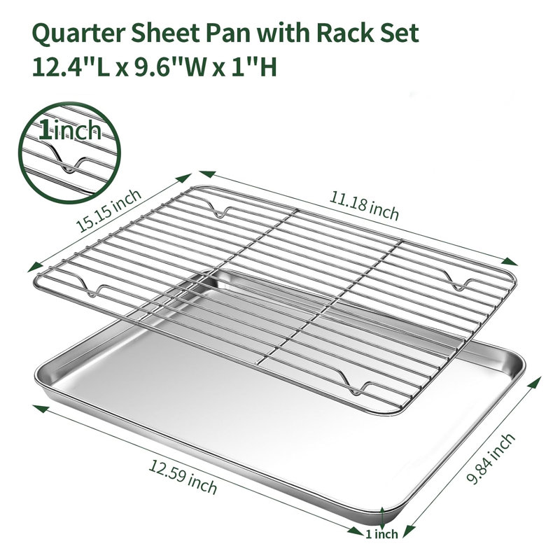 2-Pack Baking Sheets with Wire Racks – Stainless Steel Cookie Sheets, Non-Toxic & Heavy Duty, Easy Clean, 12" x 10" x 1" Quarter Sheet Pan Set