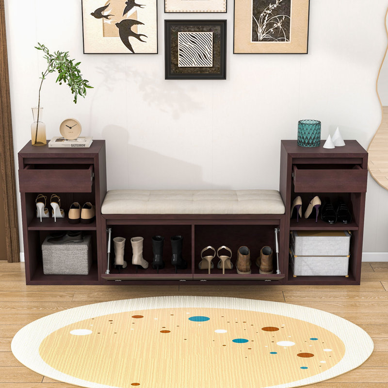 Banc de rangement en bois pour hall d'entrée avec coussin, tiroirs et compartiments rabattables, Espresso