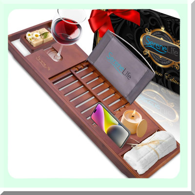 Elegance Extendable Bamboo Bath Caddy - Luxury Adjustable Tray with Phone, Wine, and Book Holder - Perfect Bathroom Organizer and Hot Tub Accessory