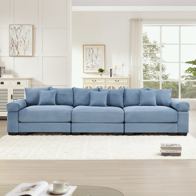 Canapé en velours côtelé avec coussins décoratifs et coussin moelleux, Bleu
