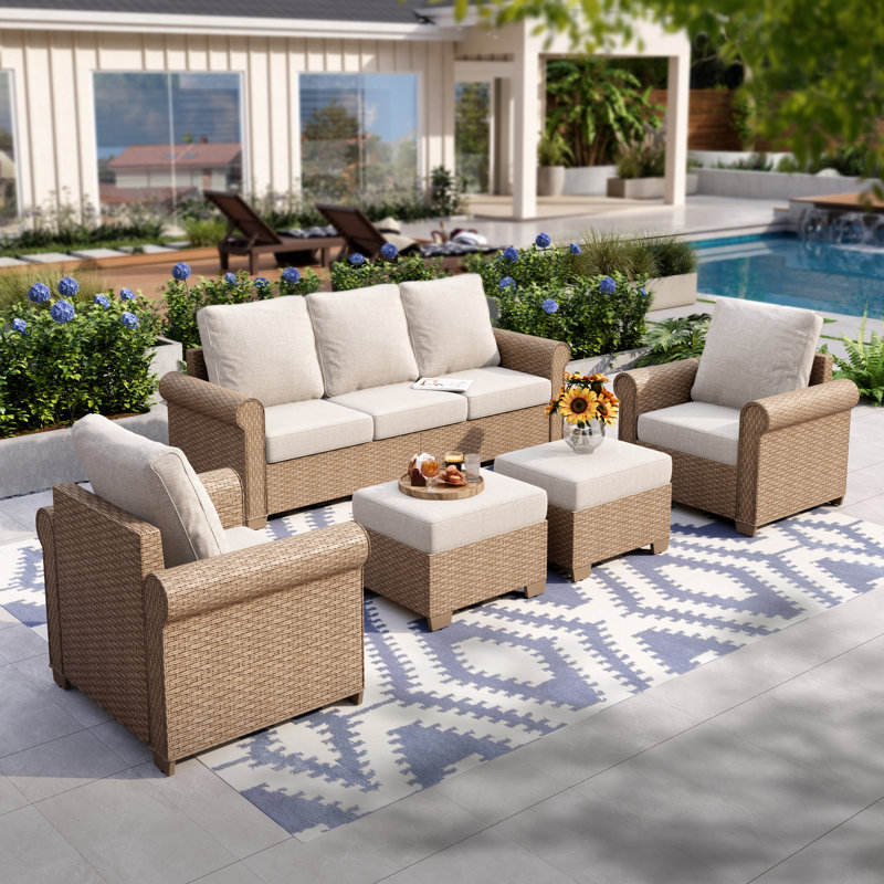 Rattan 7 - Person Seating Group with Cushions, Beige
