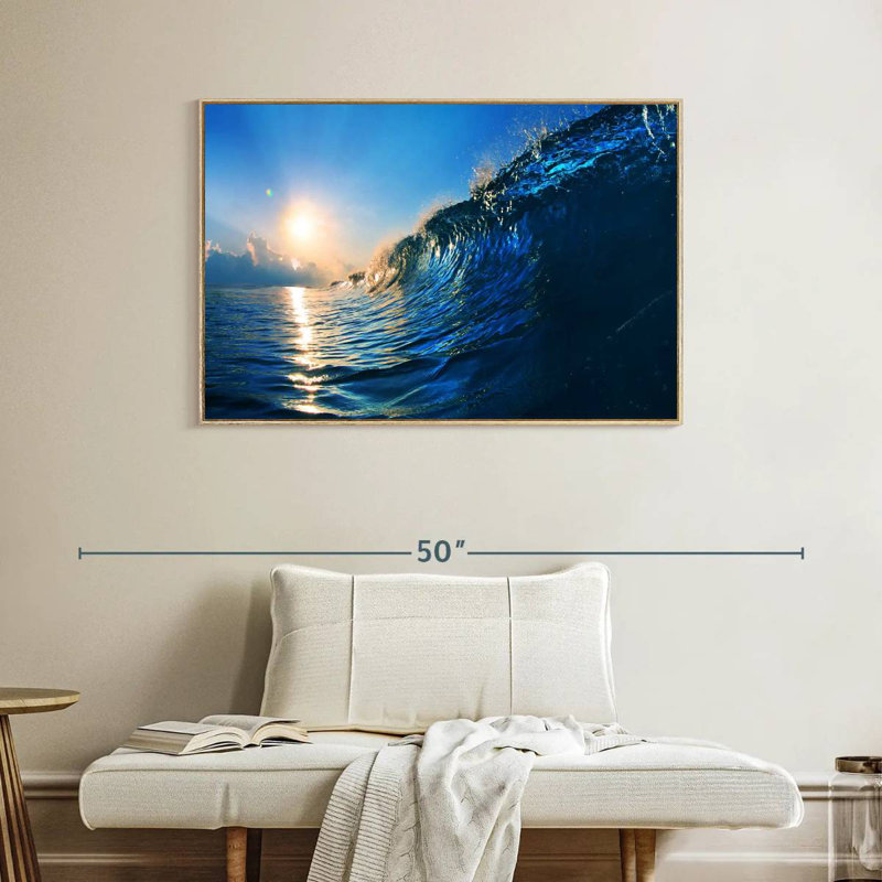 Blue Ocean Wave, Cadre flottant en bois naturel, 40 po x 27 po